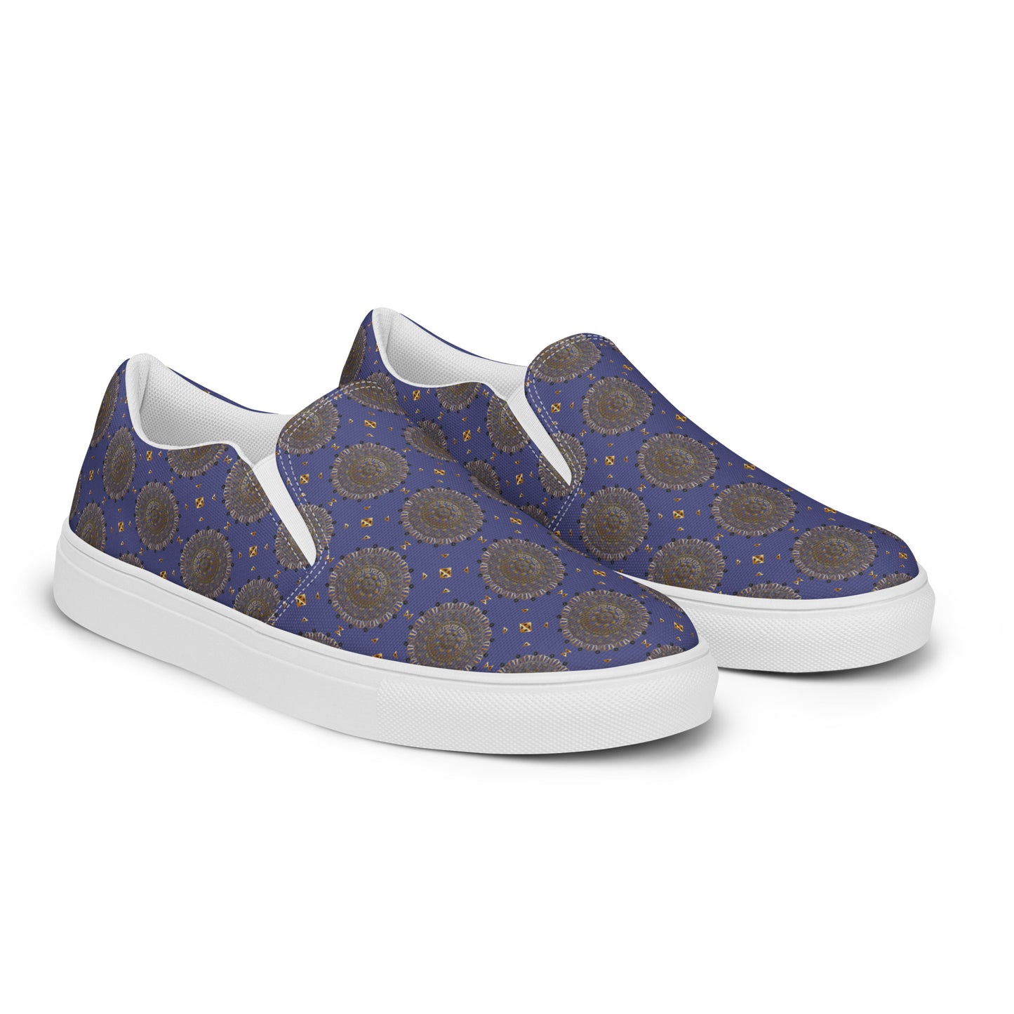 Women’s slip-on canvas shoes Kukloso Geometrica No 13 Mini-Mandalas Gold on Blue - Free Shipping