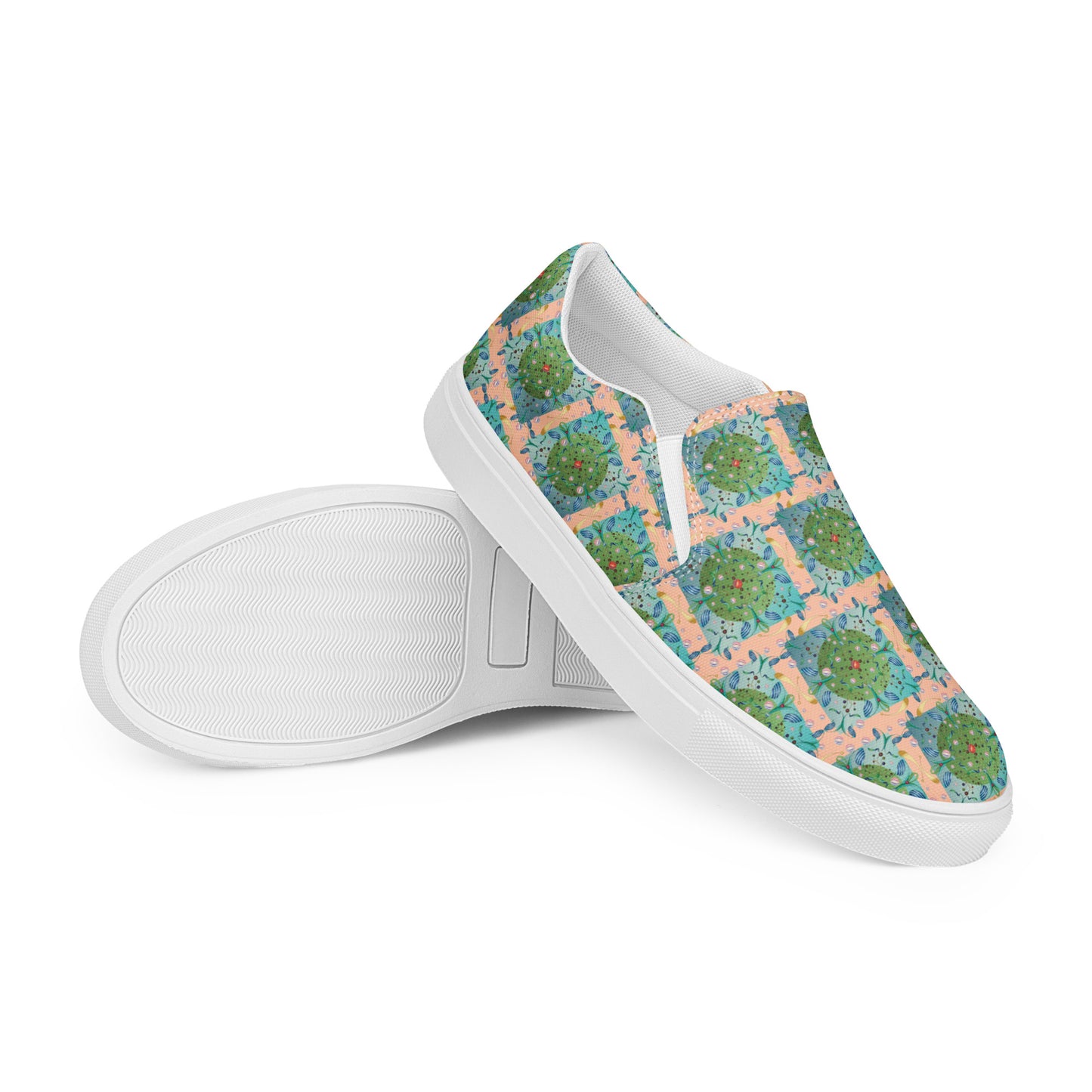 Women’s slip-on canvas shoes Kukloso Whimsical No 16 Green/Aqua on Peach - Free Shipping