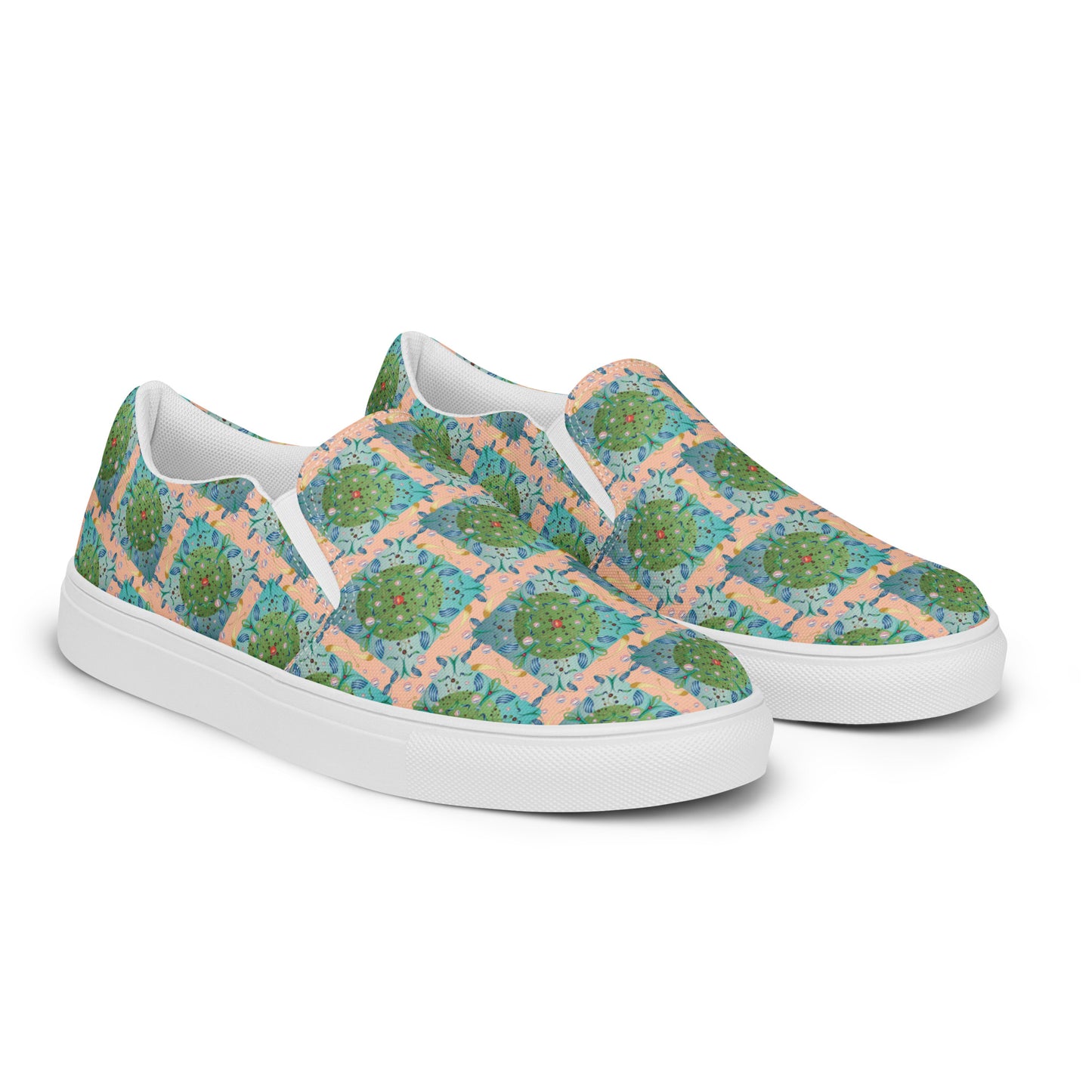 Women’s slip-on canvas shoes Kukloso Whimsical No 16 Green/Aqua on Peach - Free Shipping