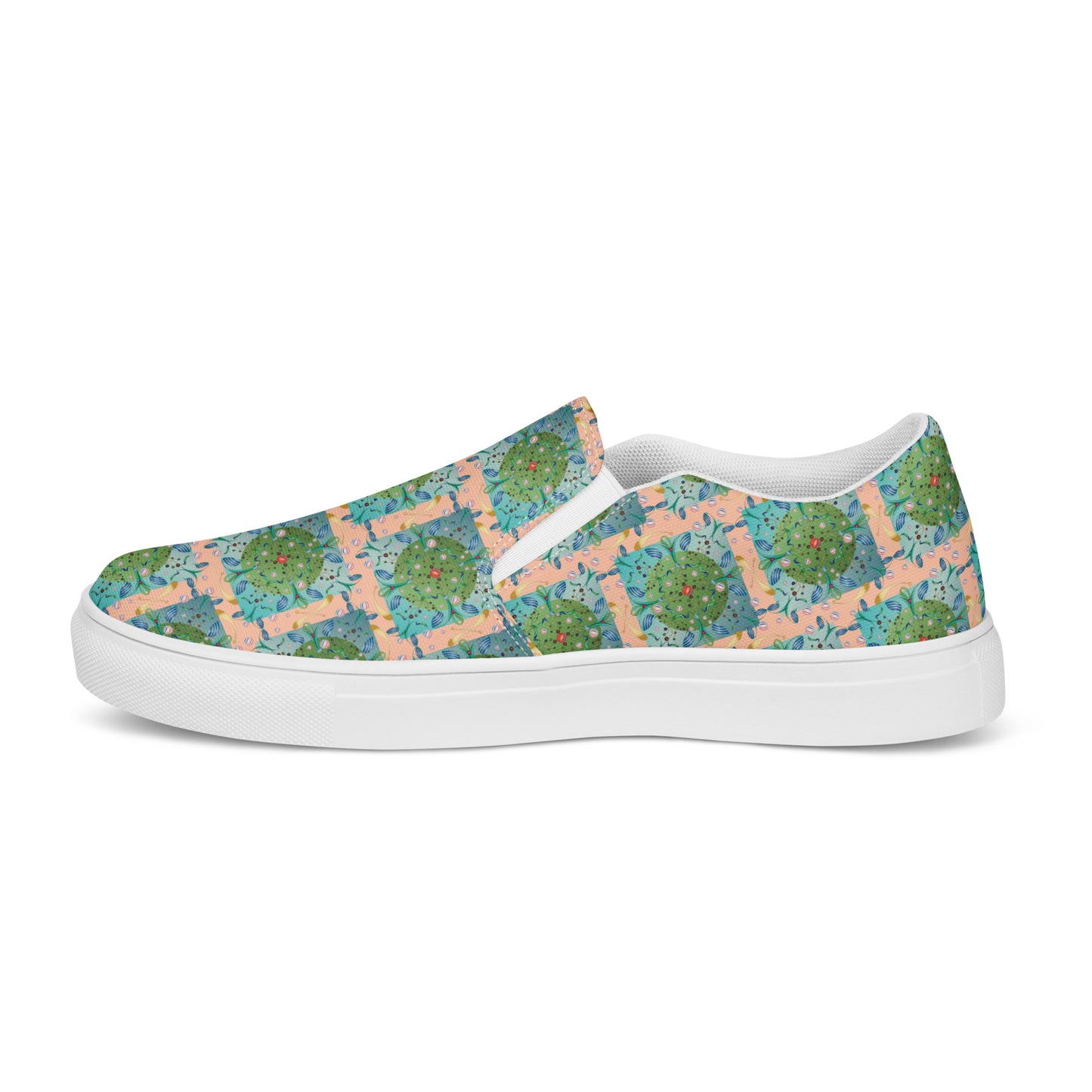 Women’s slip-on canvas shoes Kukloso Whimsical No 16 Green/Aqua on Peach - Free Shipping