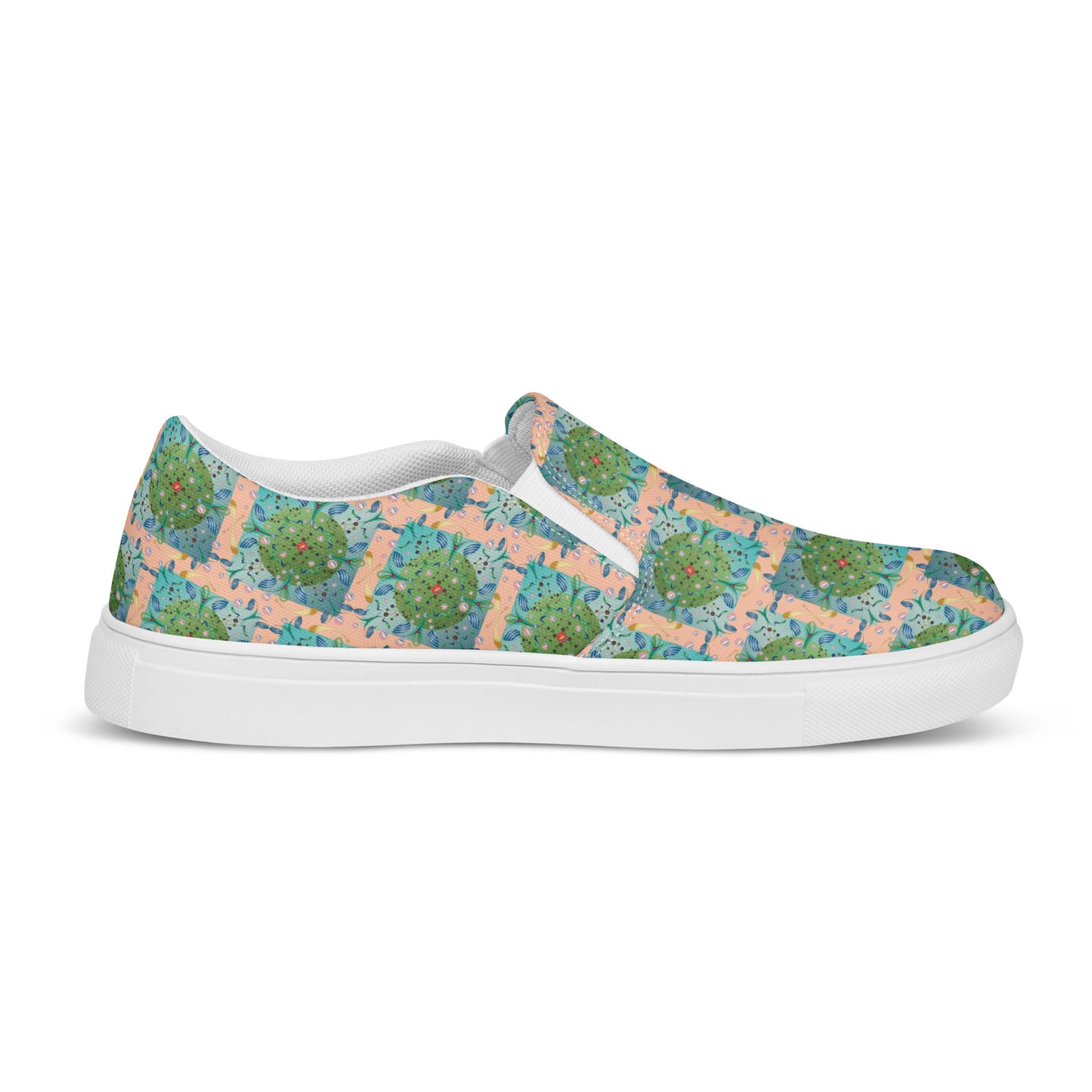 Women’s slip-on canvas shoes Kukloso Whimsical No 16 Green/Aqua on Peach - Free Shipping