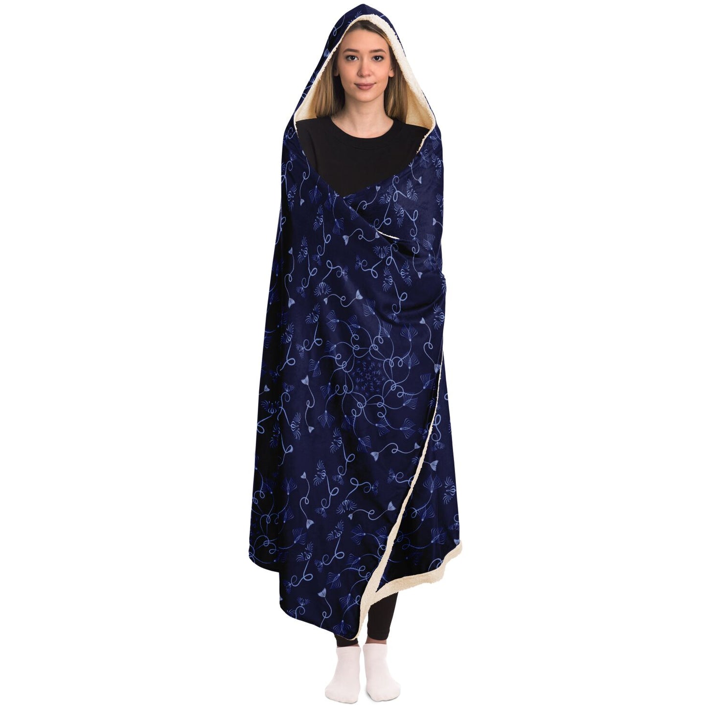 Hooded Blanket - AOP Kukloso Abstractical No 19 Periwinkle Florals on Dark Navy - Free Shipping