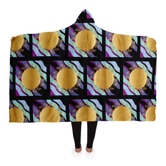 Hooded Blanket - AOP Mandala No 93 Gold, Aqua on Purple Stripes