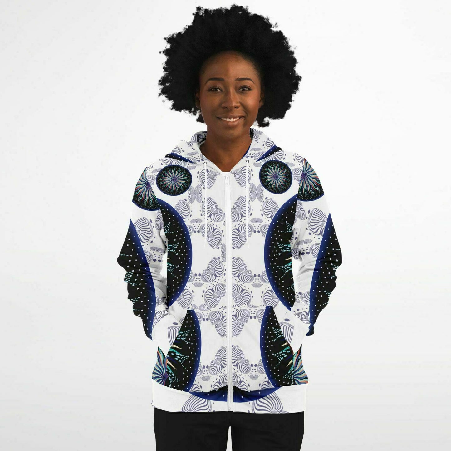 Fashion Zip-Up Hoodie - AOP Kukloso Mandala No 5A Multicolored Combo, Navy on White - Free Shipping