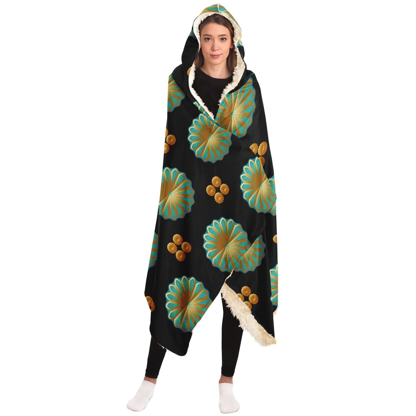 Hooded Blanket - AOP Mandala No 141 No 11 Aqua & Gold on Black