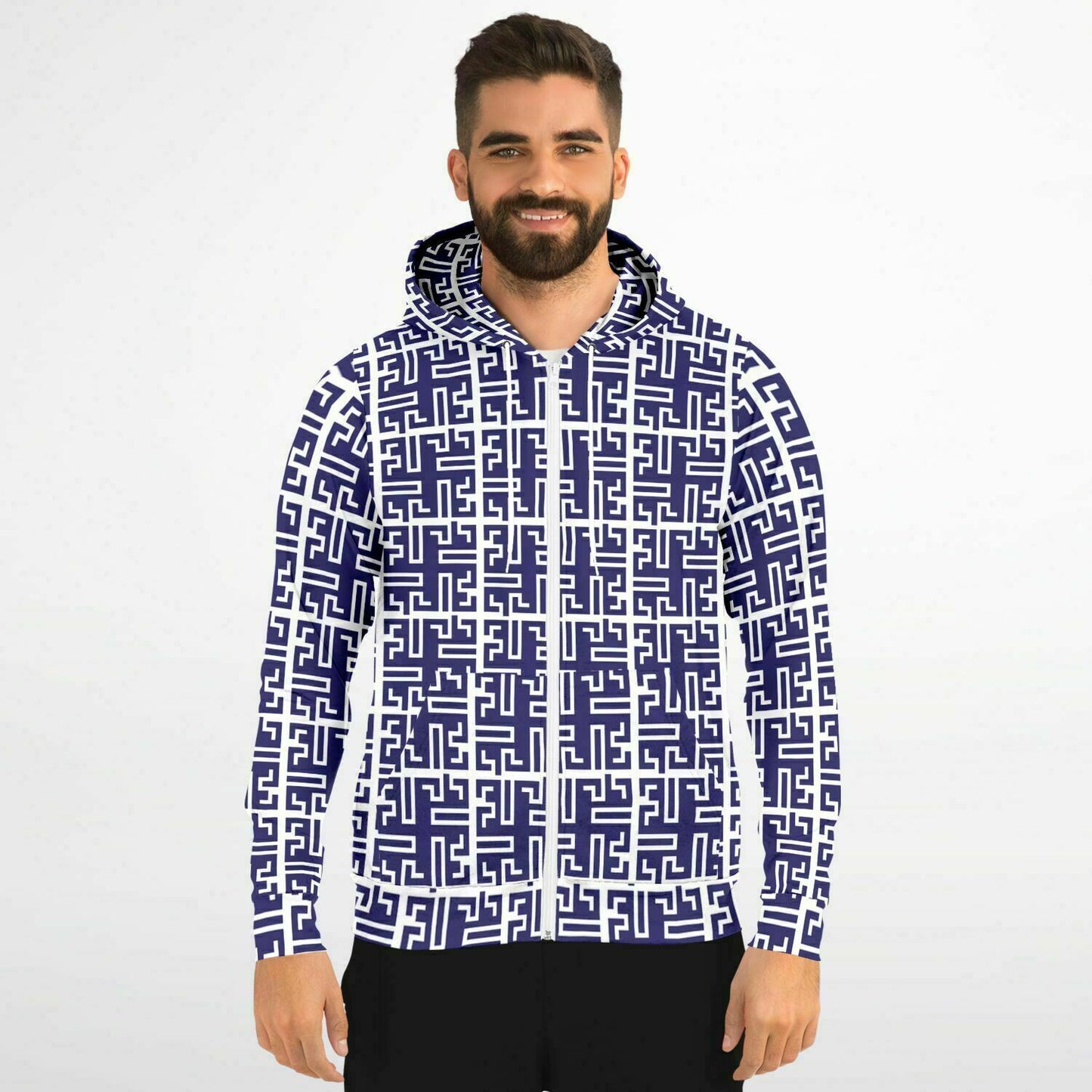 Fashion Zip-Up Hoodie - AOP Kukloso Greek Border No 54 White on Navy - Free Shipping