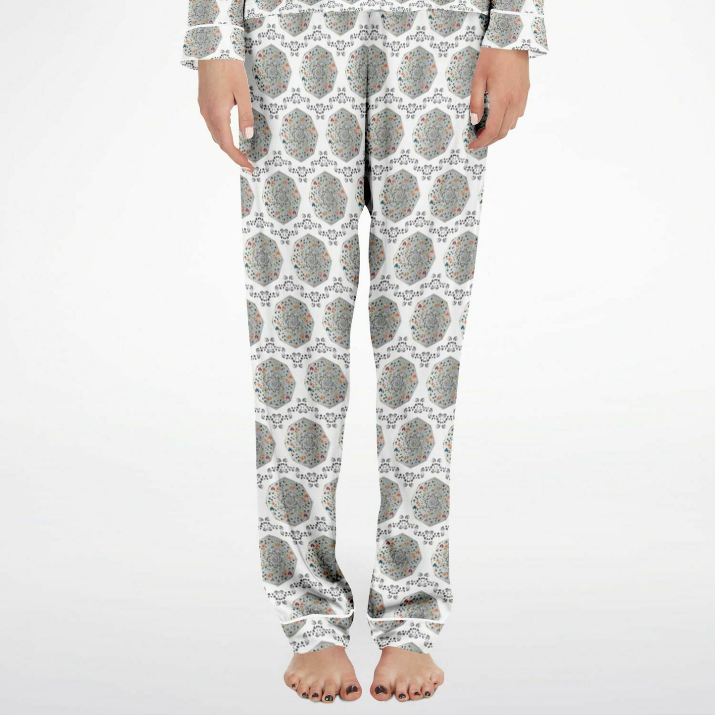 Women's Satin Pajamas - AOP Kukloso Mandala No 140 Mini-Mandalas with abstract shapes, Silver-Multicolored on White - Free Shipping