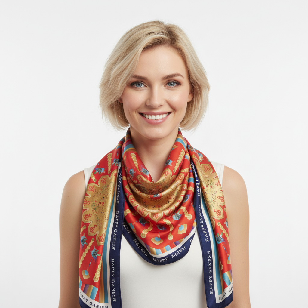 100% Silk Charmeuse Square Scarf Happy Ganesha Red Gold Mandala