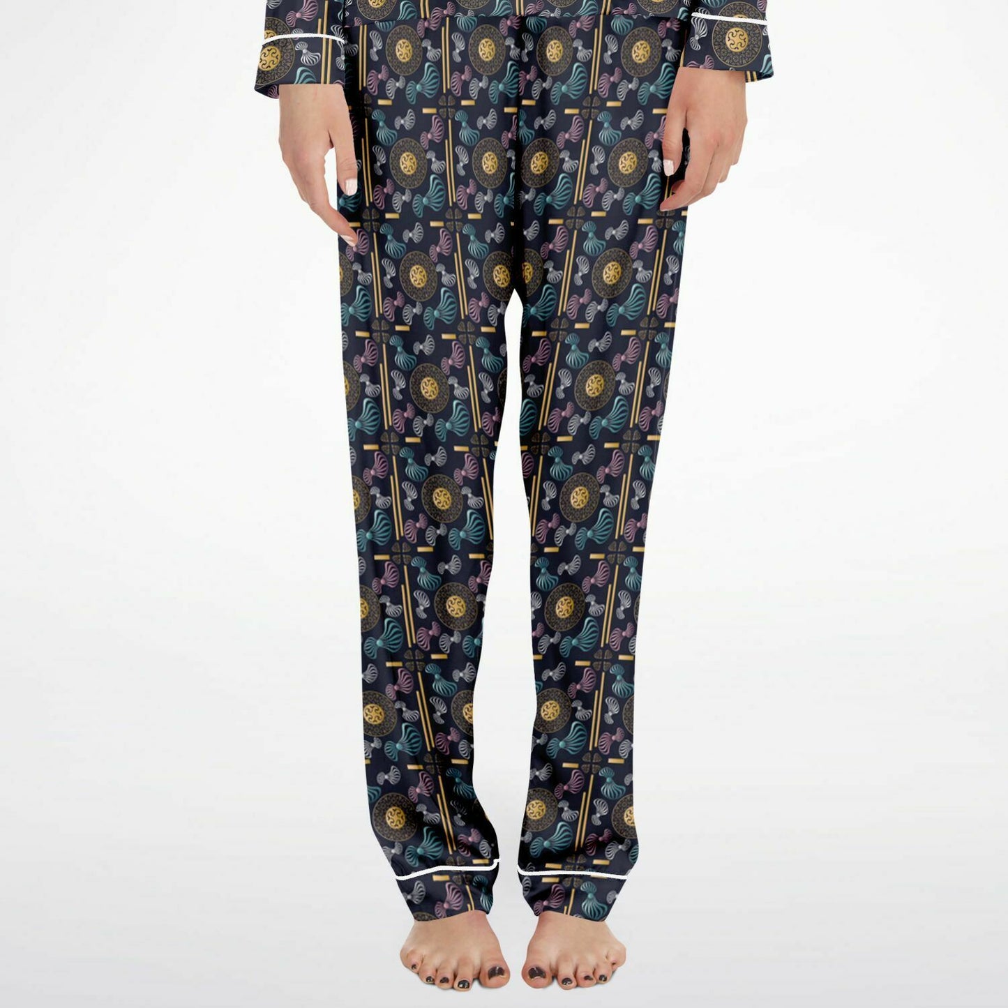 Women's Satin Pajamas - AOP AOP Kukloso Whimsical No 99 Mini-Mandalas Gold, Silver, Aqua & Pink on Navy - Free Shipping