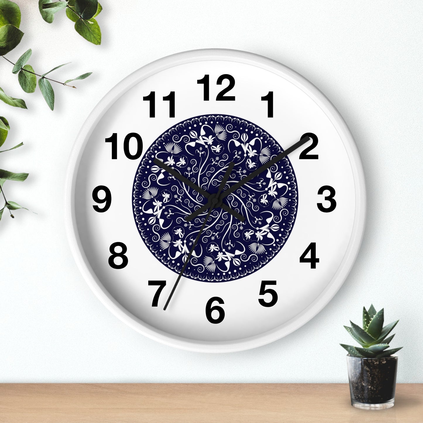 Wall Clock Kukloso Mandala No 155 White Florals on Navy - Free Shipping