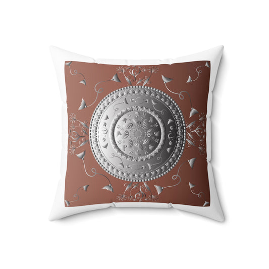 Spun Polyester Square Pillow Kukloso Mandala No 151 Silver/Cocoa & Gold/Gold - Free Shipping