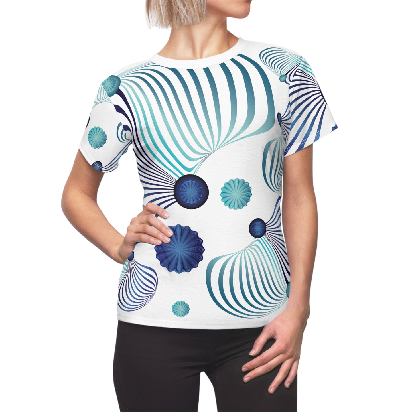 Women's Cut & Sew Tee (AOP) Kukloso MD No 39 Aqua & Navy Spiral Shapes - Free Shipping