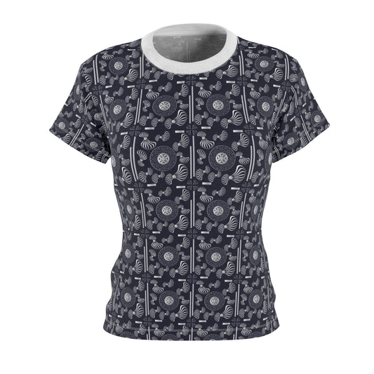 Women's Cut & Sew Tee (AOP) Kukloso Whimsical No 106 Small Silver Mandalas on Navy - Free Shipping