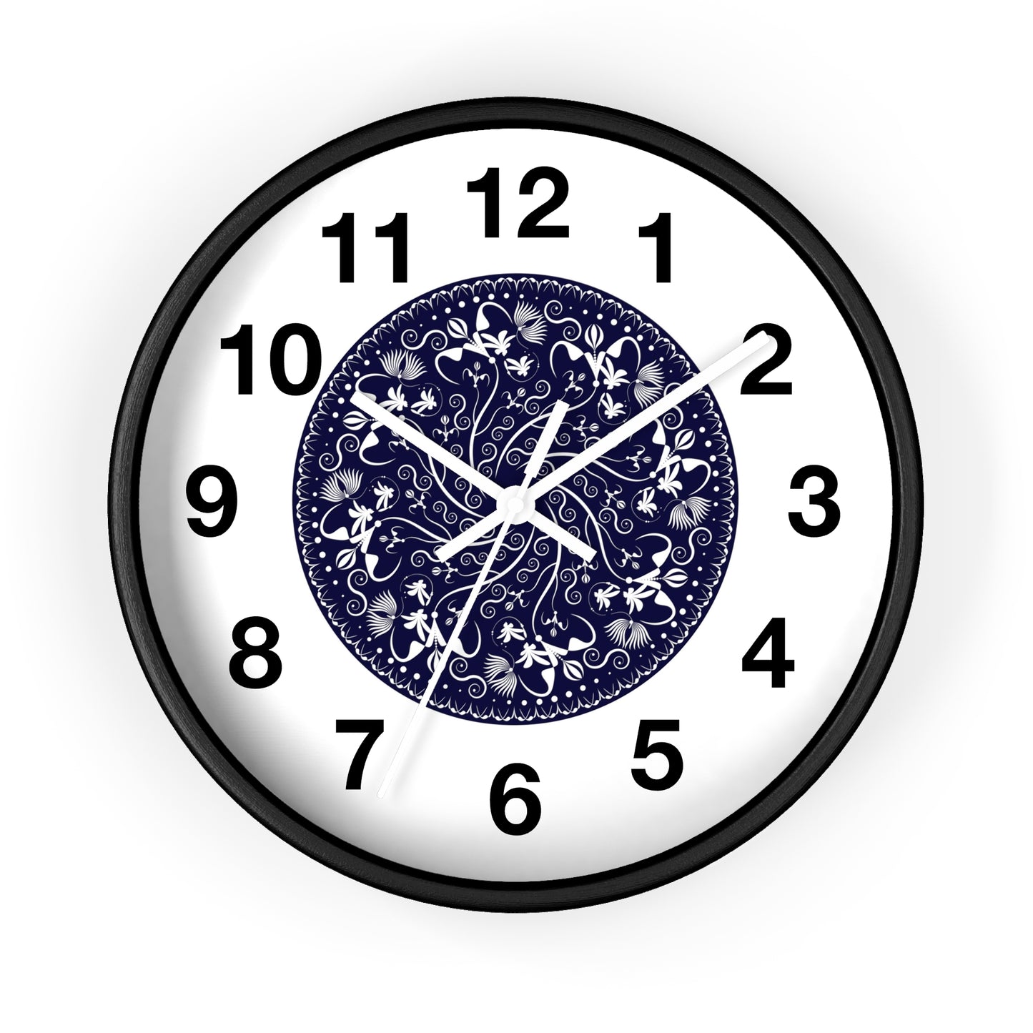 Wall Clock Kukloso Mandala No 155 White Florals on Navy - Free Shipping