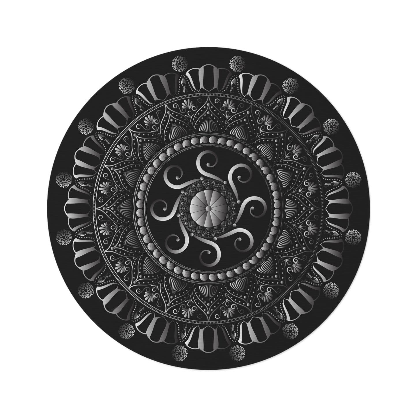 Round Rug Kukloso No 4319 Silver Mandala on Black Free Shipping