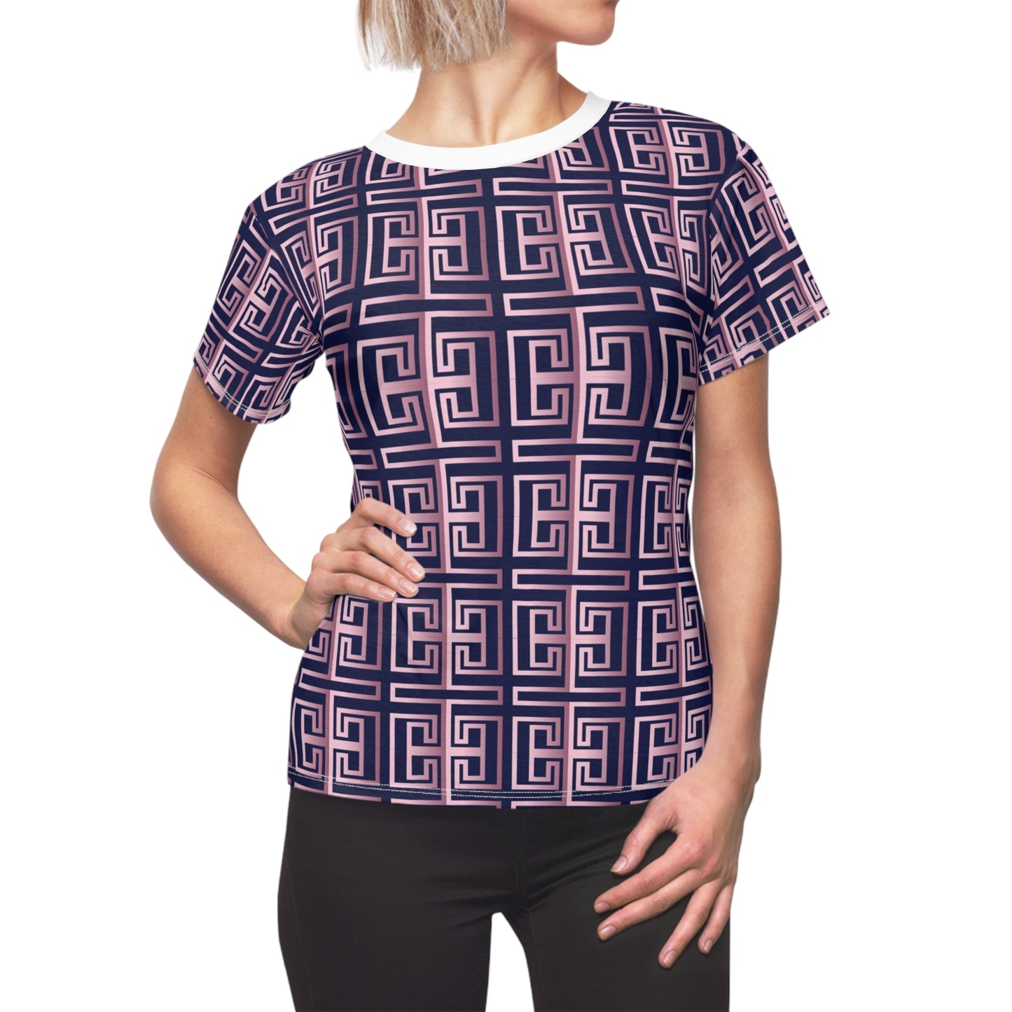 Women's Cut & Sew Tee (AOP) Kukloso Greek Border No 9 Pink on Navy - Free Shipping