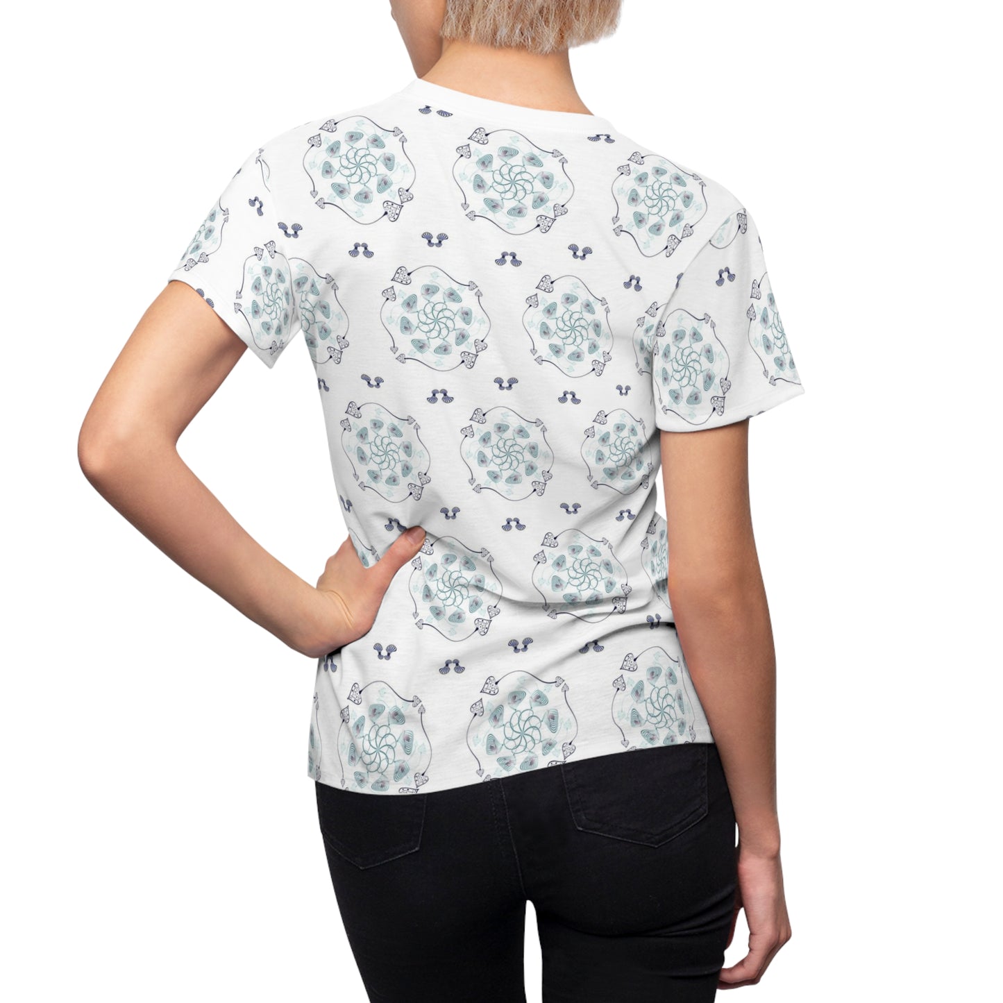 Women's Cut & Sew Tee (AOP) KuklosoAG No 22 Aqua, Navy Shapes on White - Free Shipping