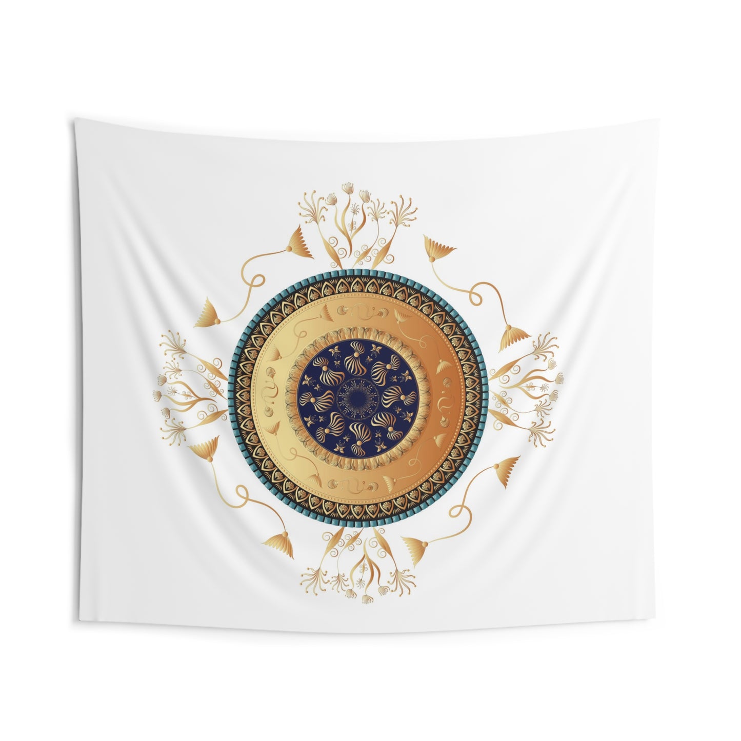 Indoor Wall Tapestries Kukloso Mandala No 151 An Intricate Luxury Gold & Navy Design on White - Free Shipping