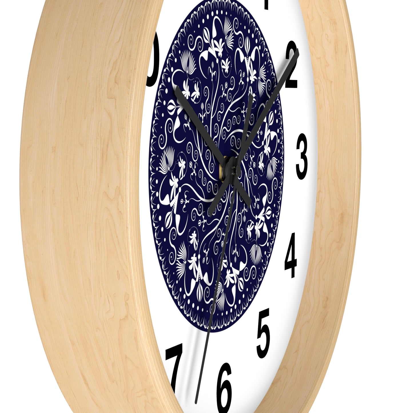 Wall Clock Kukloso Mandala No 155 White Florals on Navy - Free Shipping