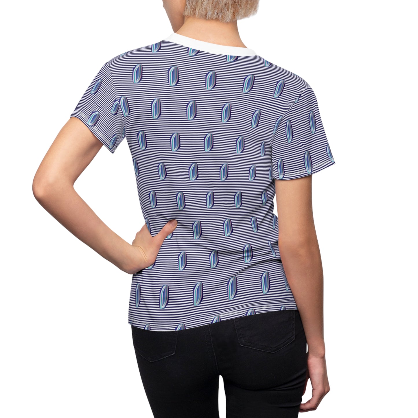 Women's Cut & Sew Tee (AOP) Kukloso Whimsical No 57 Pink & Navy Shapes on Navy Lines - Free Shipping