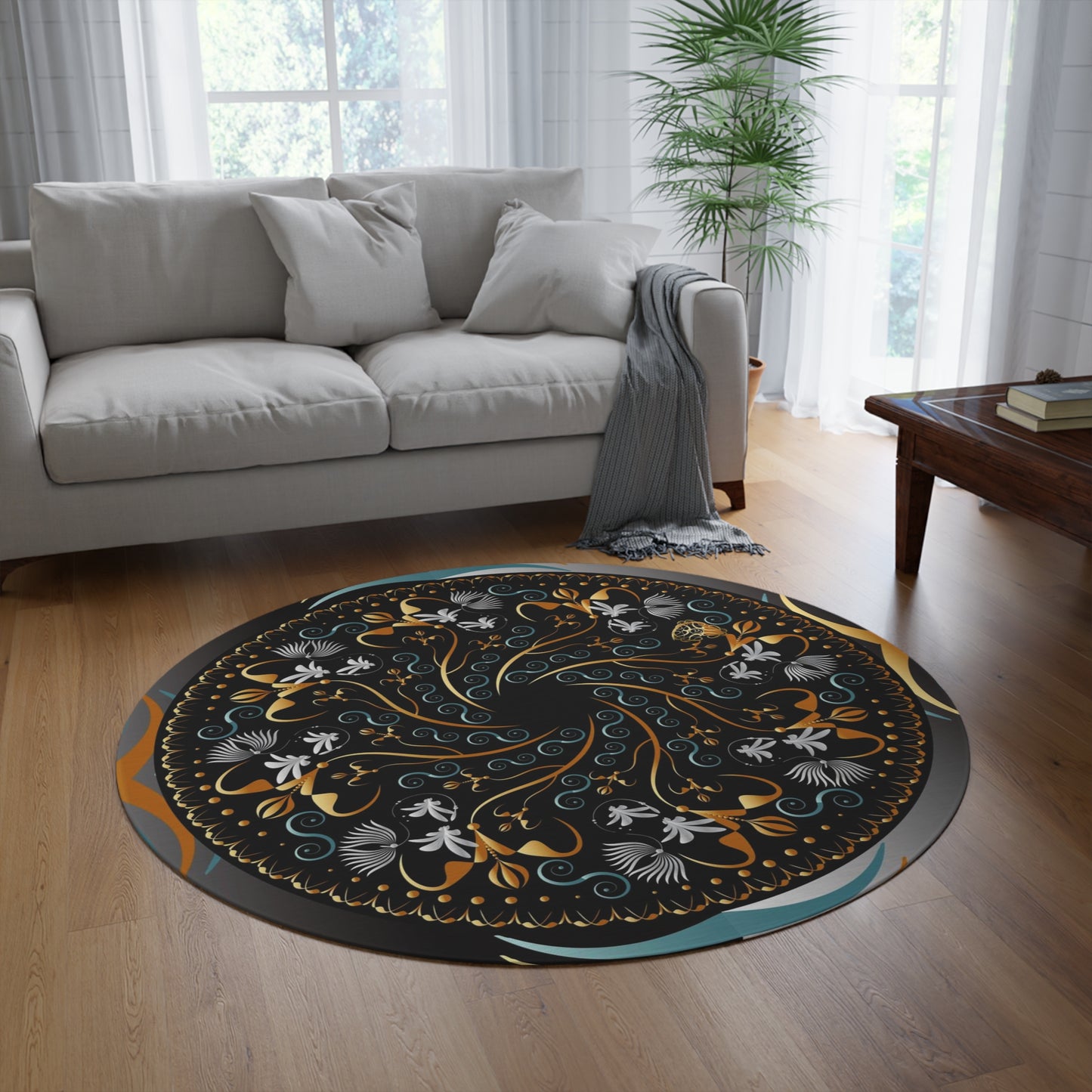 Round Rug Kukloso No 4393 Mandala Gold Silver Abstract Floral Design Free Shipping