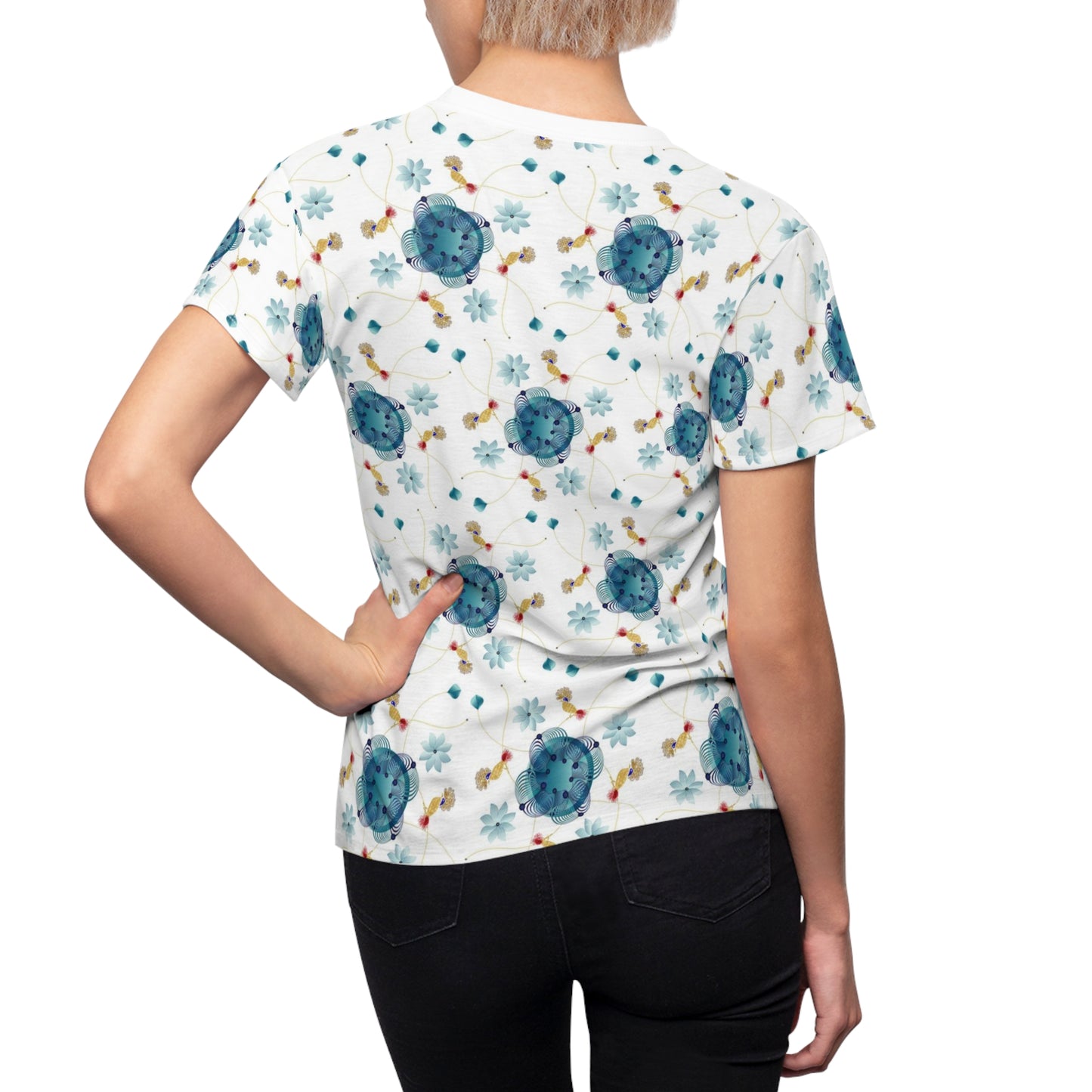 Women's Cut & Sew Tee (AOP) Kukloso AG No 28 Mini Mandalas Aqua, Navy, Red, Gold on White - Free Shipping