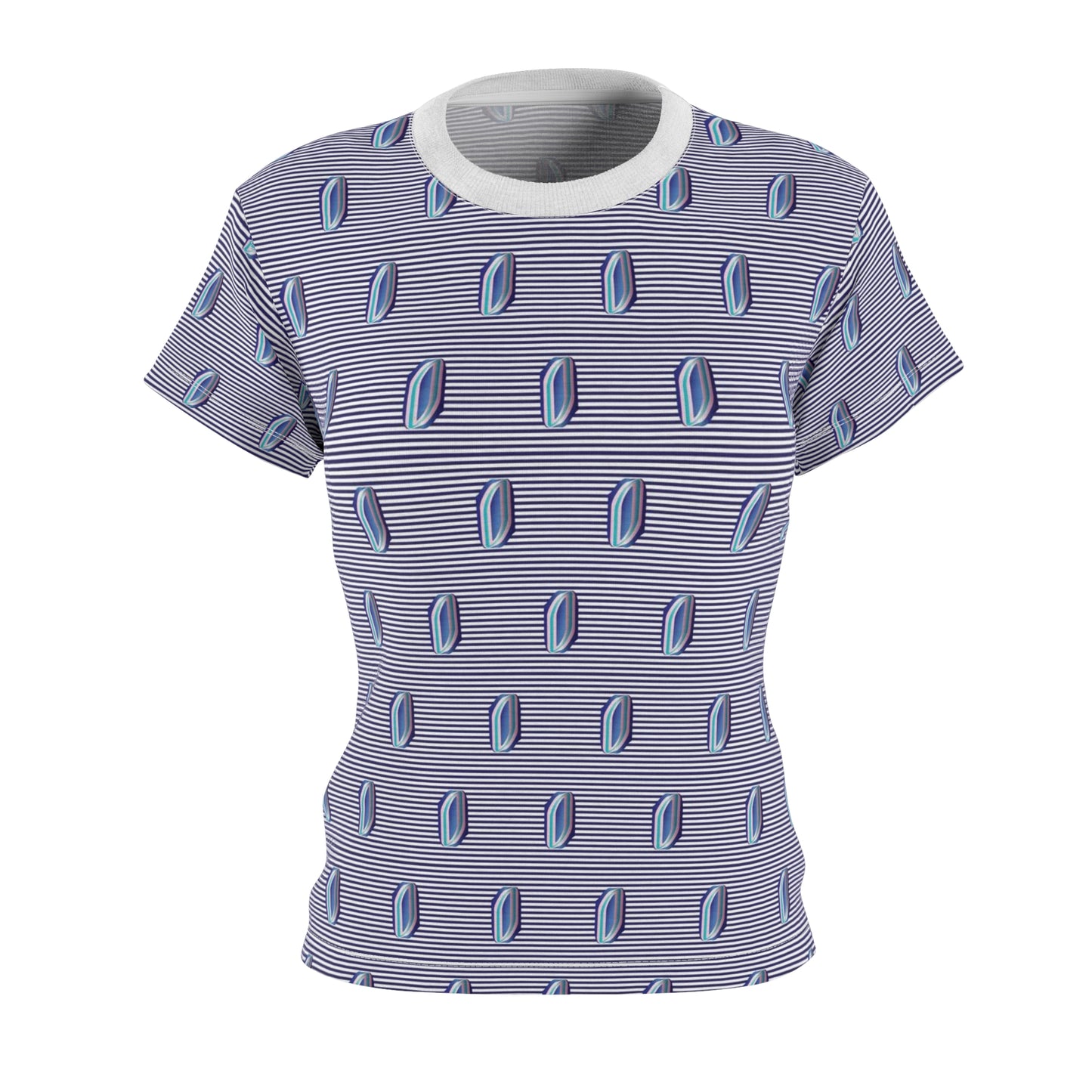 Women's Cut & Sew Tee (AOP) Kukloso Whimsical No 57 Pink & Navy Shapes on Navy Lines - Free Shipping