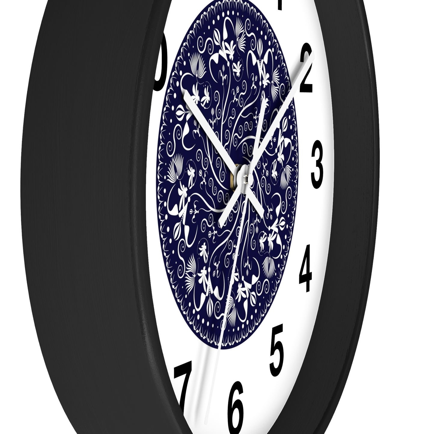 Wall Clock Kukloso Mandala No 155 White Florals on Navy - Free Shipping