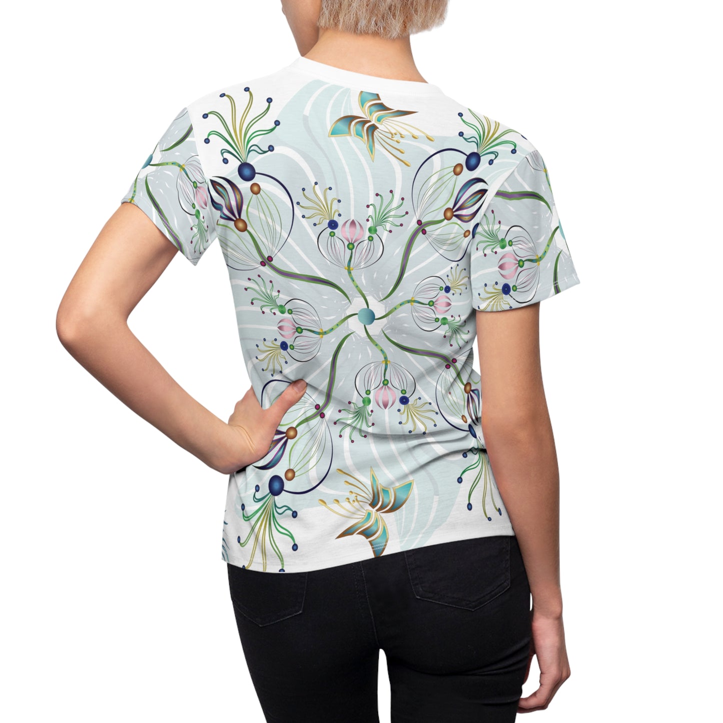 Women's Cut & Sew Tee (AOP) Kukloso Melange de fleur Abstract Aqua Flowers - Free Shipping