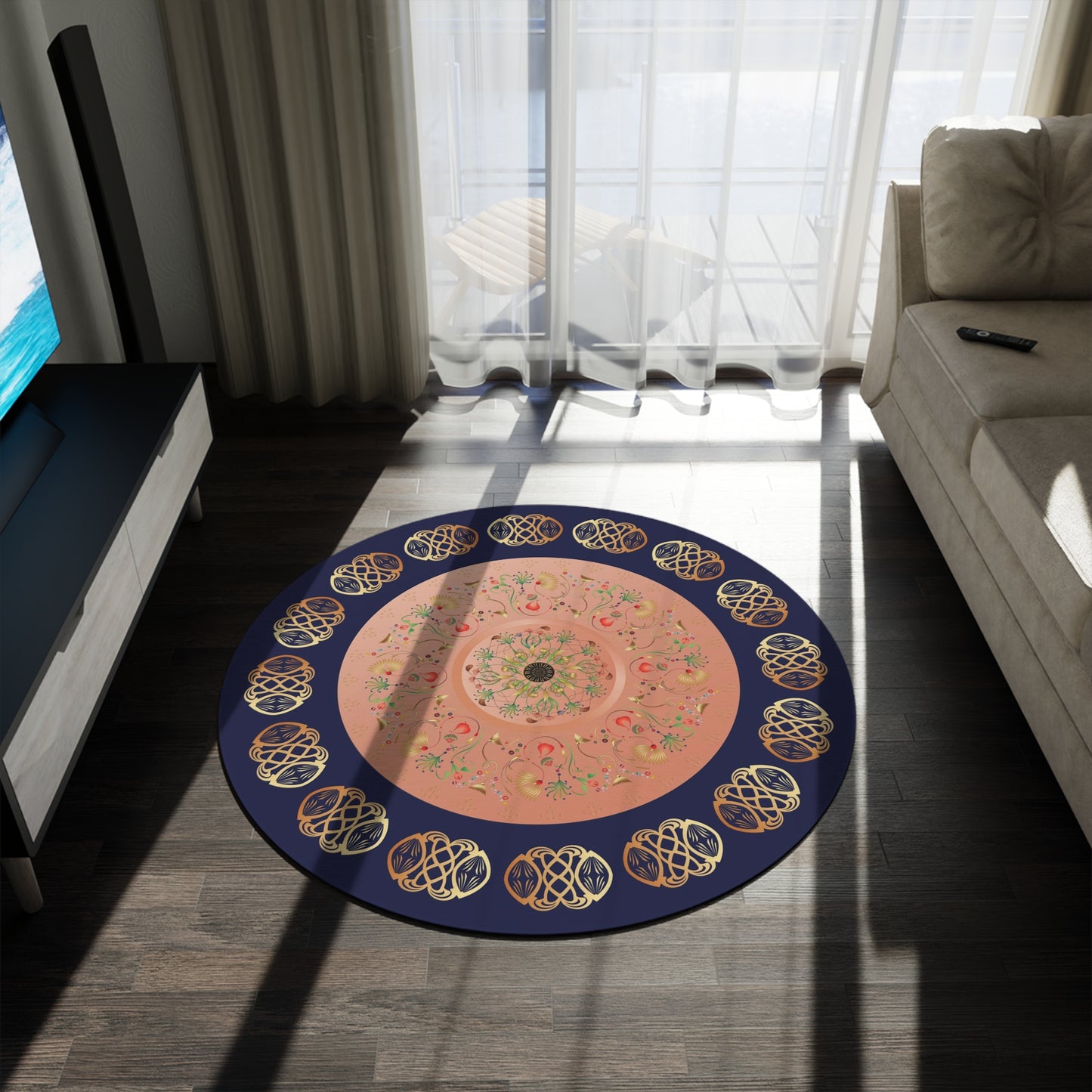 Round Rug  Kukloso Mandala No 145 Abstract Florals Multicolored on Navy Free Shipping