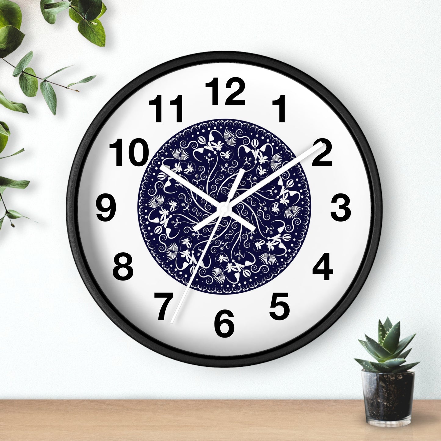 Wall Clock Kukloso Mandala No 155 White Florals on Navy - Free Shipping