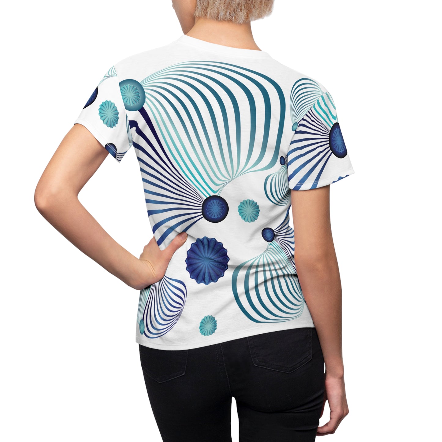 Women's Cut & Sew Tee (AOP) Kukloso MD No 39 Aqua & Navy Spiral Shapes - Free Shipping