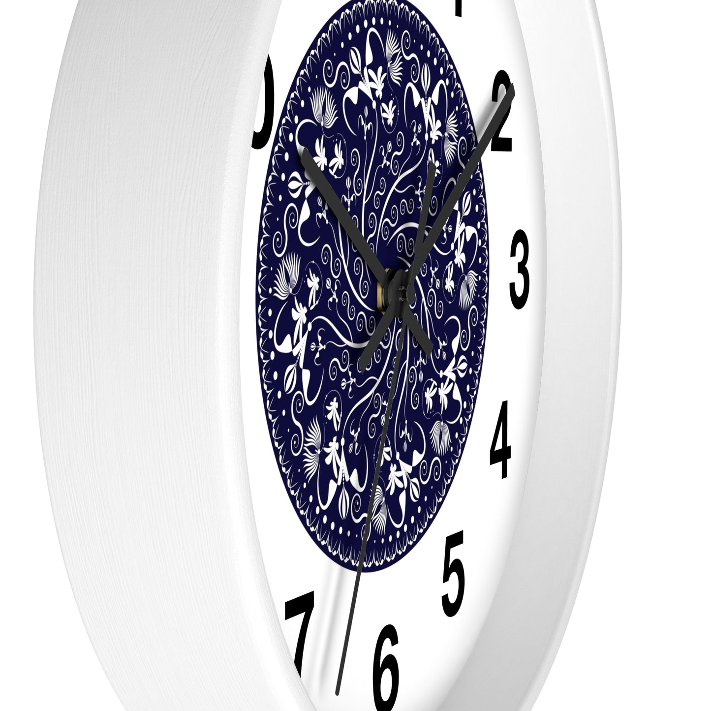 Wall Clock Kukloso Mandala No 155 White Florals on Navy - Free Shipping