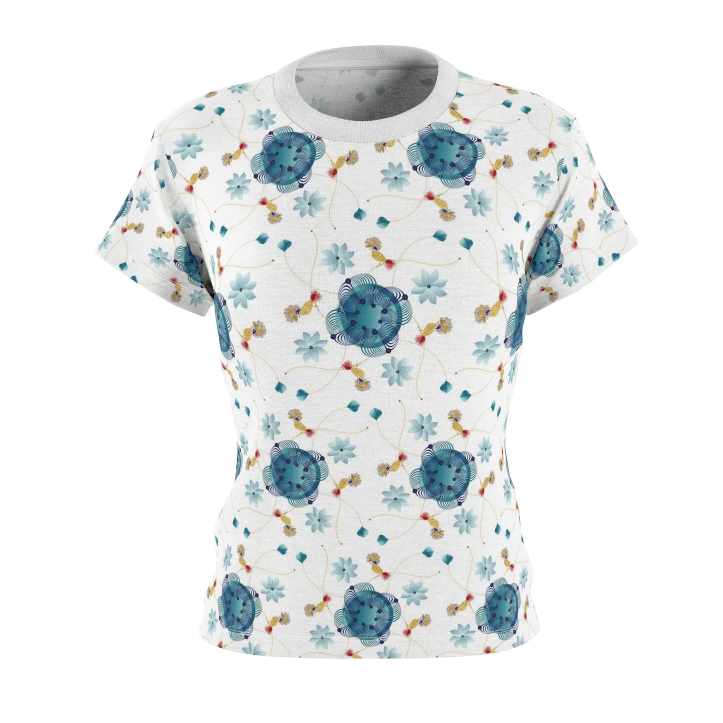 Women's Cut & Sew Tee (AOP) Kukloso AG No 28 Mini Mandalas Aqua, Navy, Red, Gold on White - Free Shipping