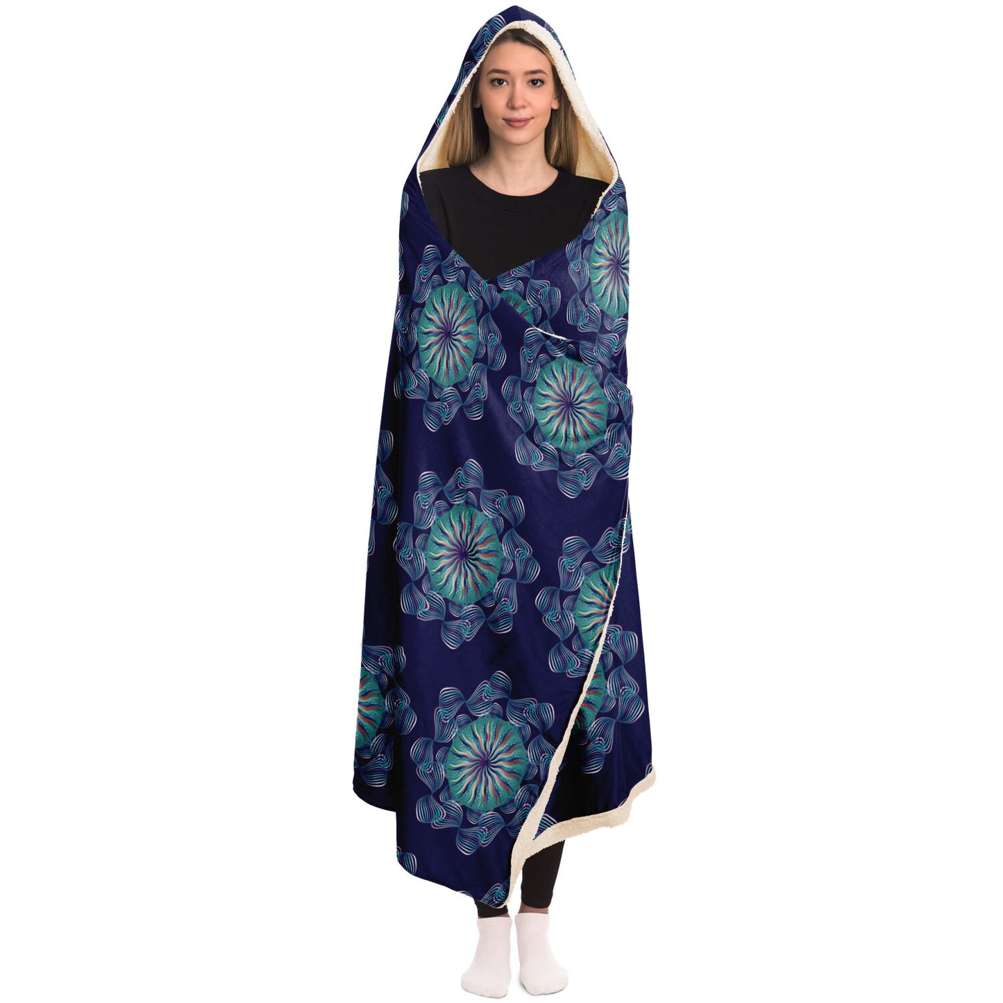 Hooded Blanket - AOP Kukloso Abstractical No 29 Aqua Mandala on Navy - Free Shipping