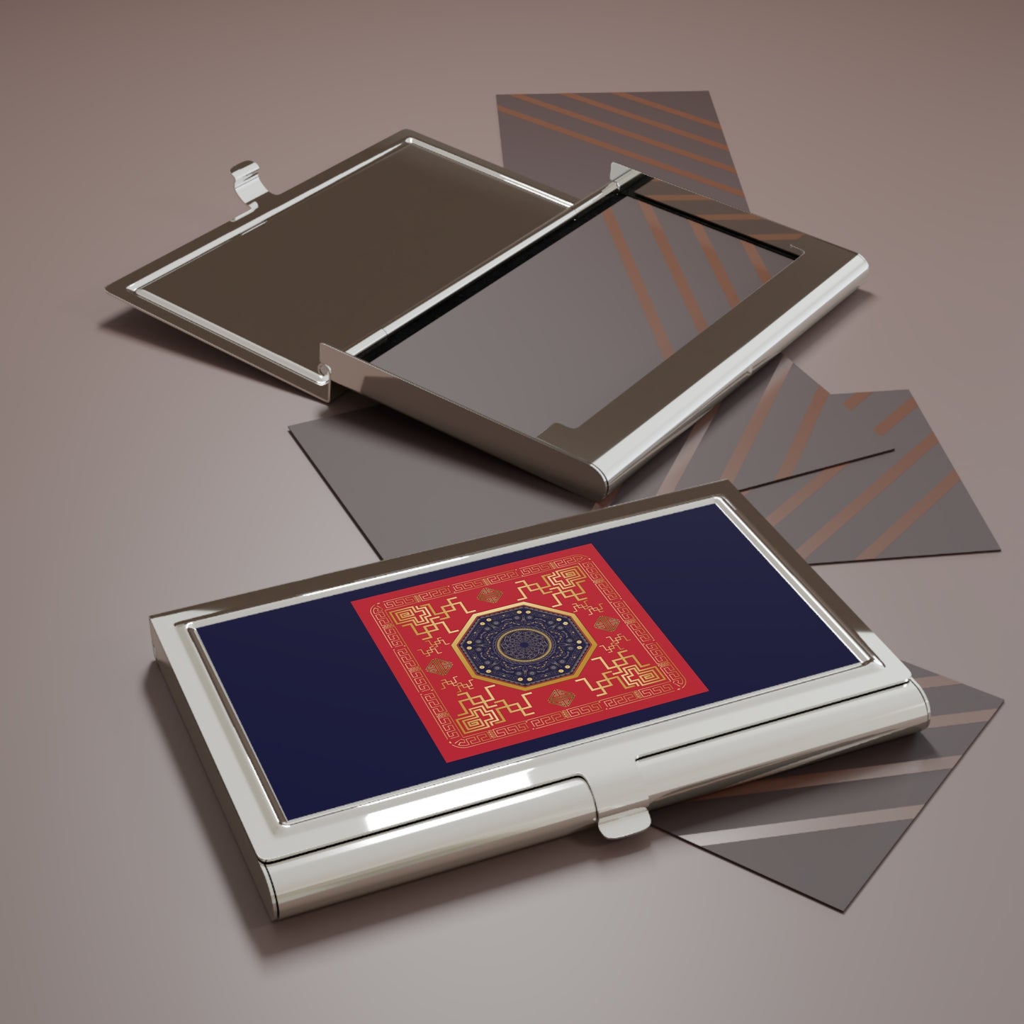 Business Card Holder Kukloso Mandala No 128 Red, Navy Design - Free Shipping