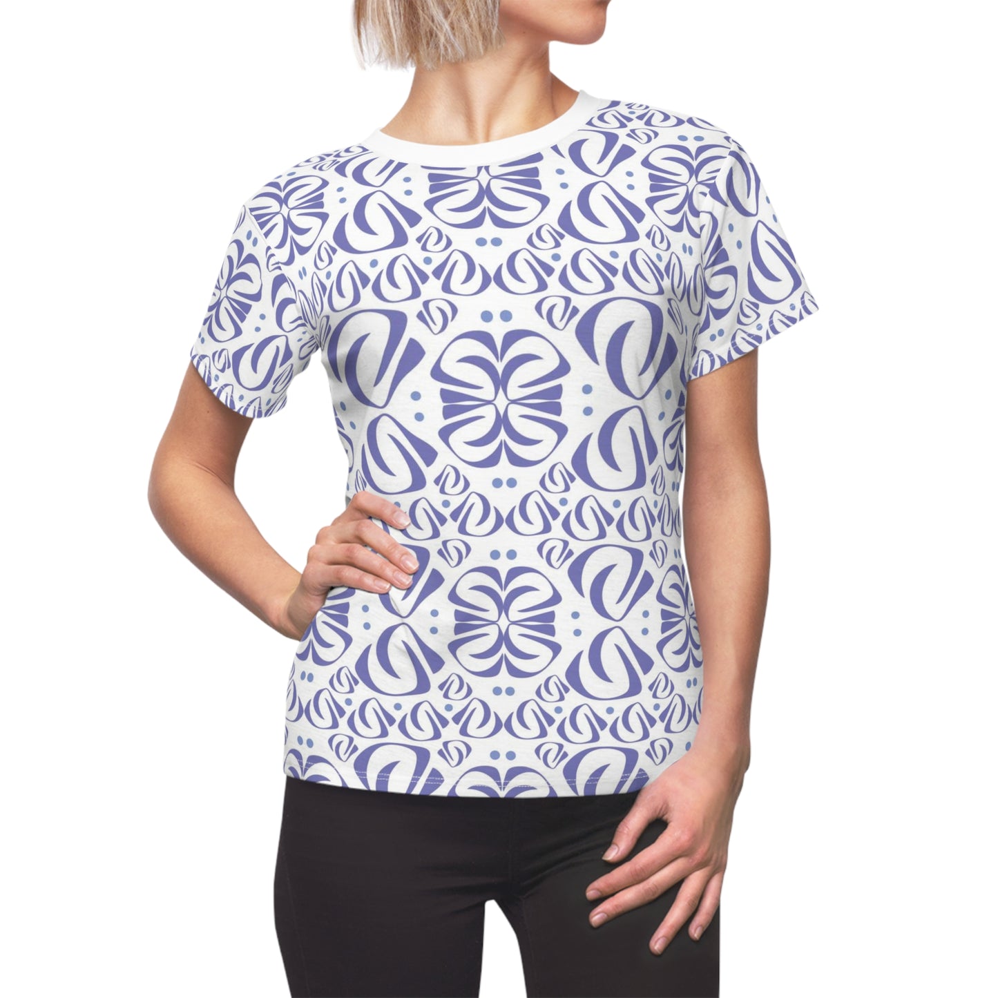 Women's Cut & Sew Tee (AOP) Kukloso Fleurons No 32 No 9 Periwinkle on White - Free Shipping