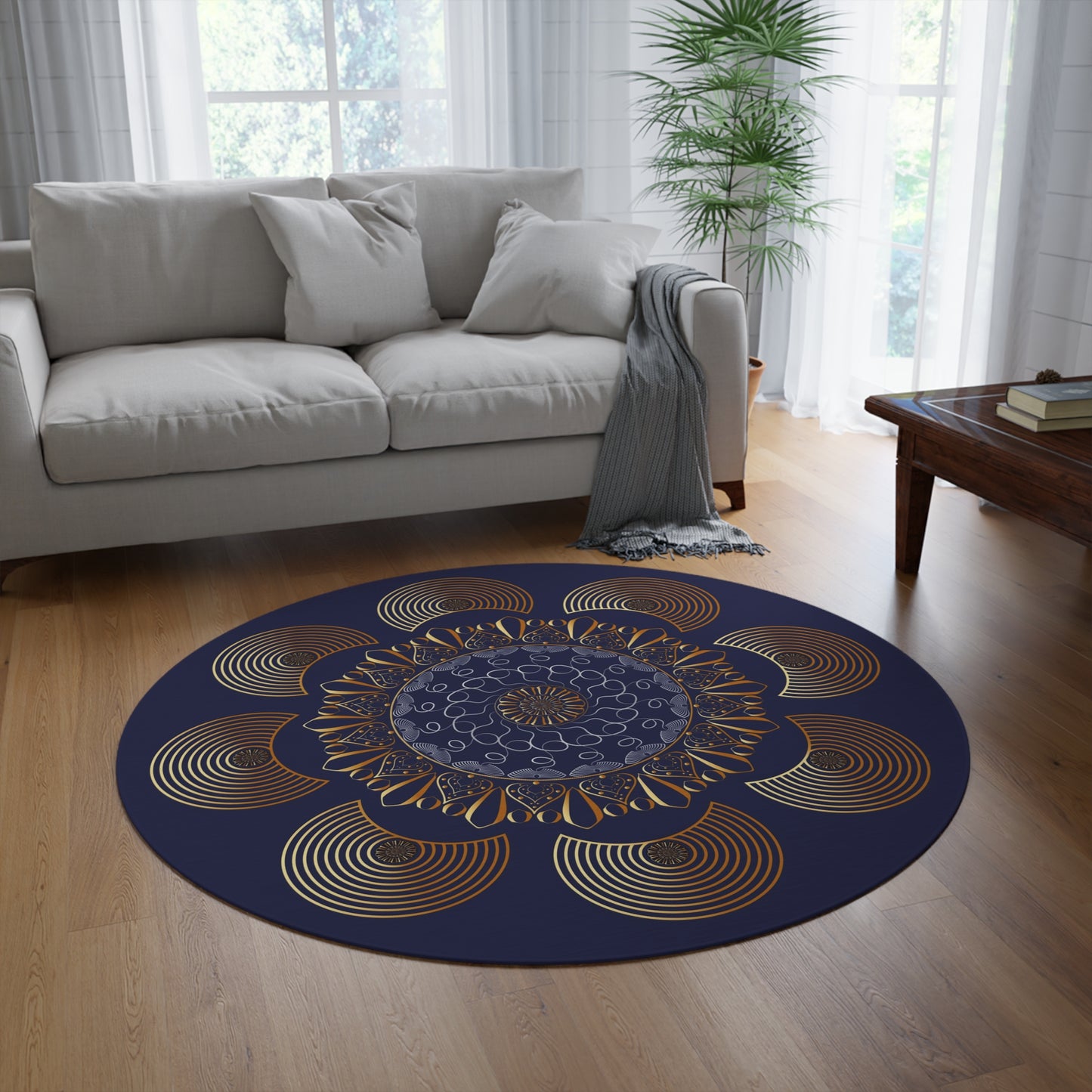 Round Rug  Kukloso Mandala No 158 Gold Design on Dark Navy Free Shipping