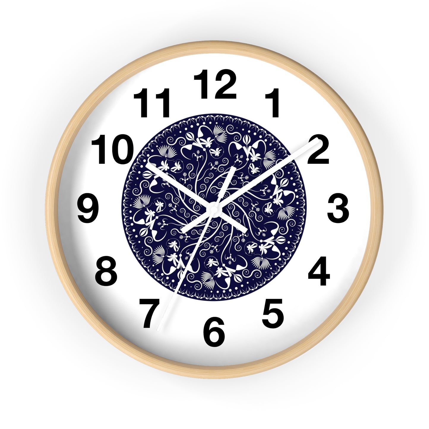 Wall Clock Kukloso Mandala No 155 White Florals on Navy - Free Shipping