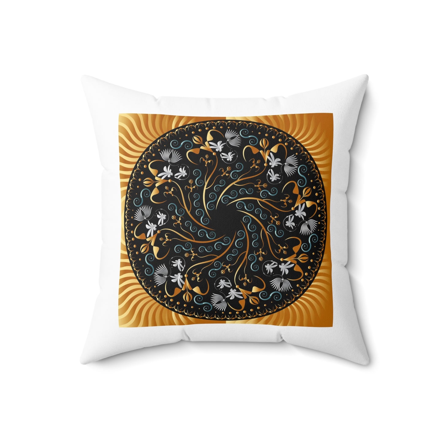 Spun Polyester Square Pillow Kukloso Mandala No 155 Black/Gold & Black/Aqua - Free Shipping