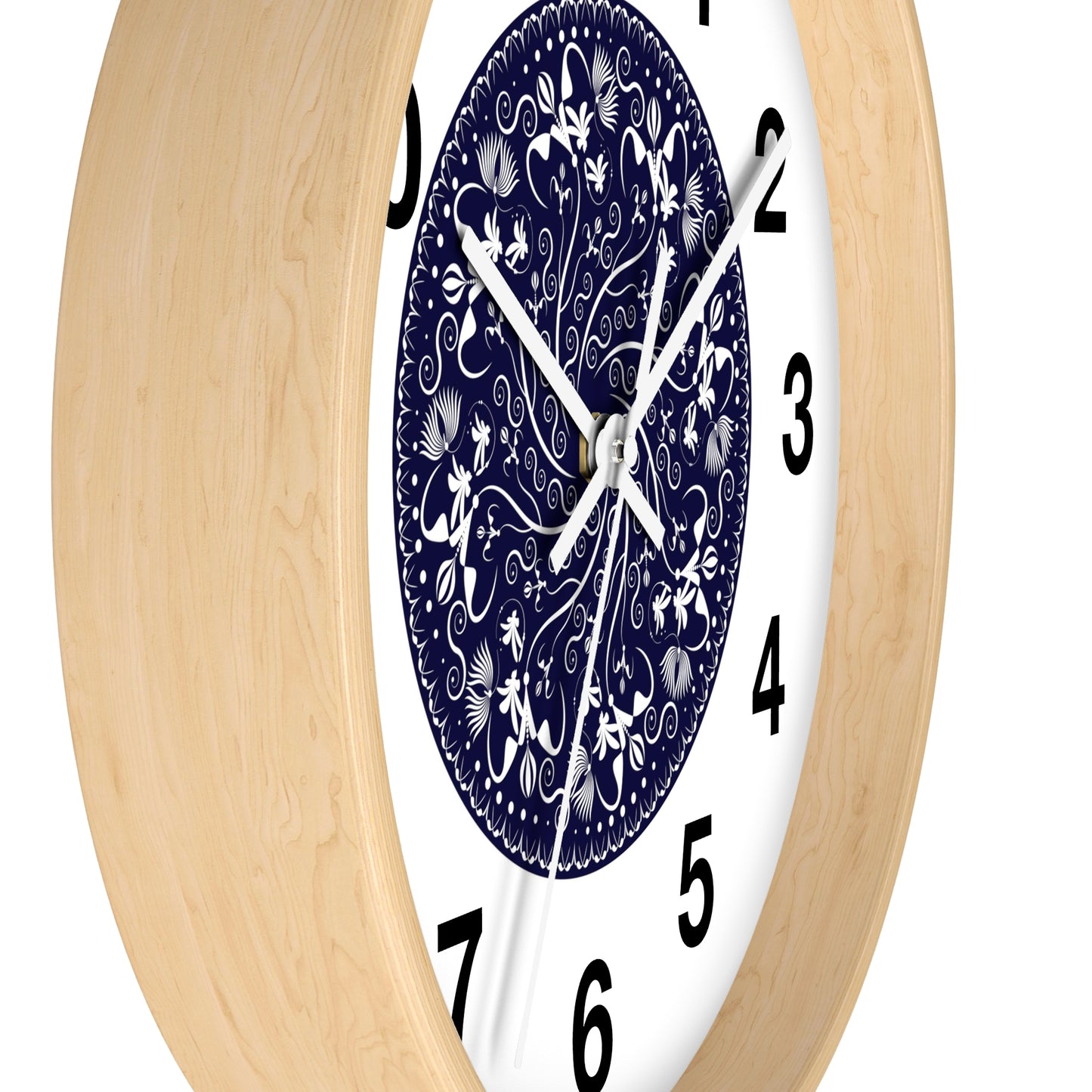 Wall Clock Kukloso Mandala No 155 White Florals on Navy - Free Shipping