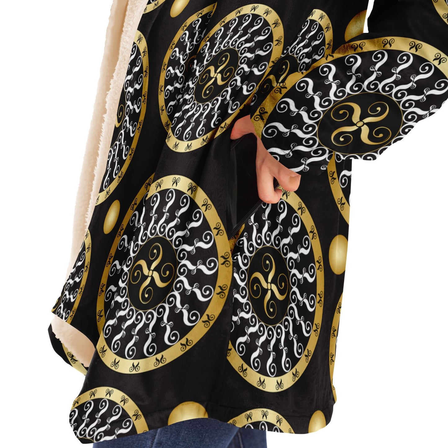 Microfleece Cloak - AOP  Kukloso Abstractical No 173 Gold & White Mandala on Black - Free Shipping