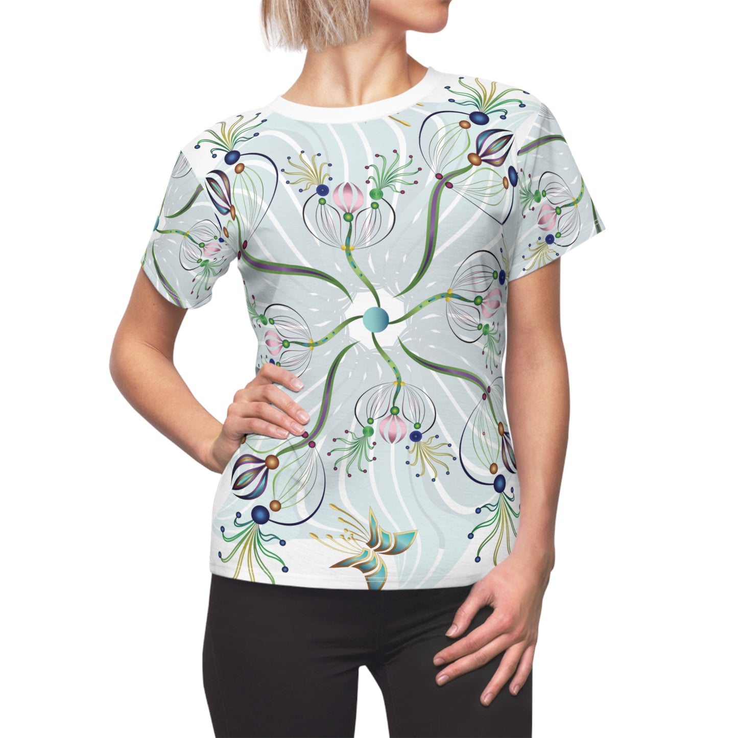 Women's Cut & Sew Tee (AOP) Kukloso Melange de fleur Abstract Aqua Flowers - Free Shipping