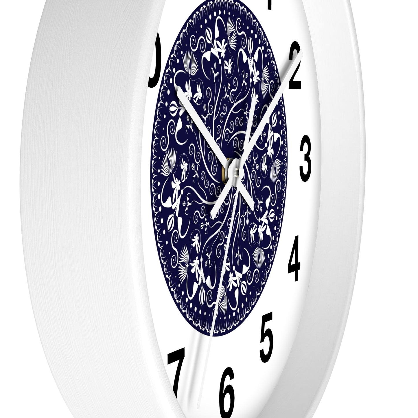 Wall Clock Kukloso Mandala No 155 White Florals on Navy - Free Shipping