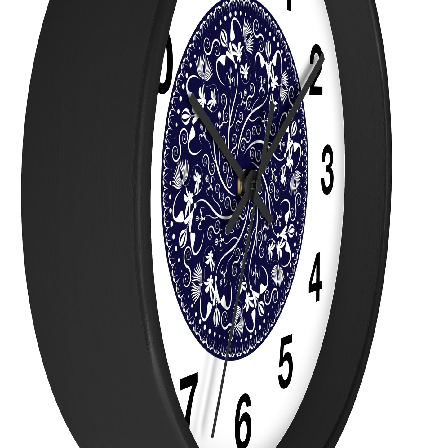 Wall Clock Kukloso Mandala No 155 White Florals on Navy - Free Shipping