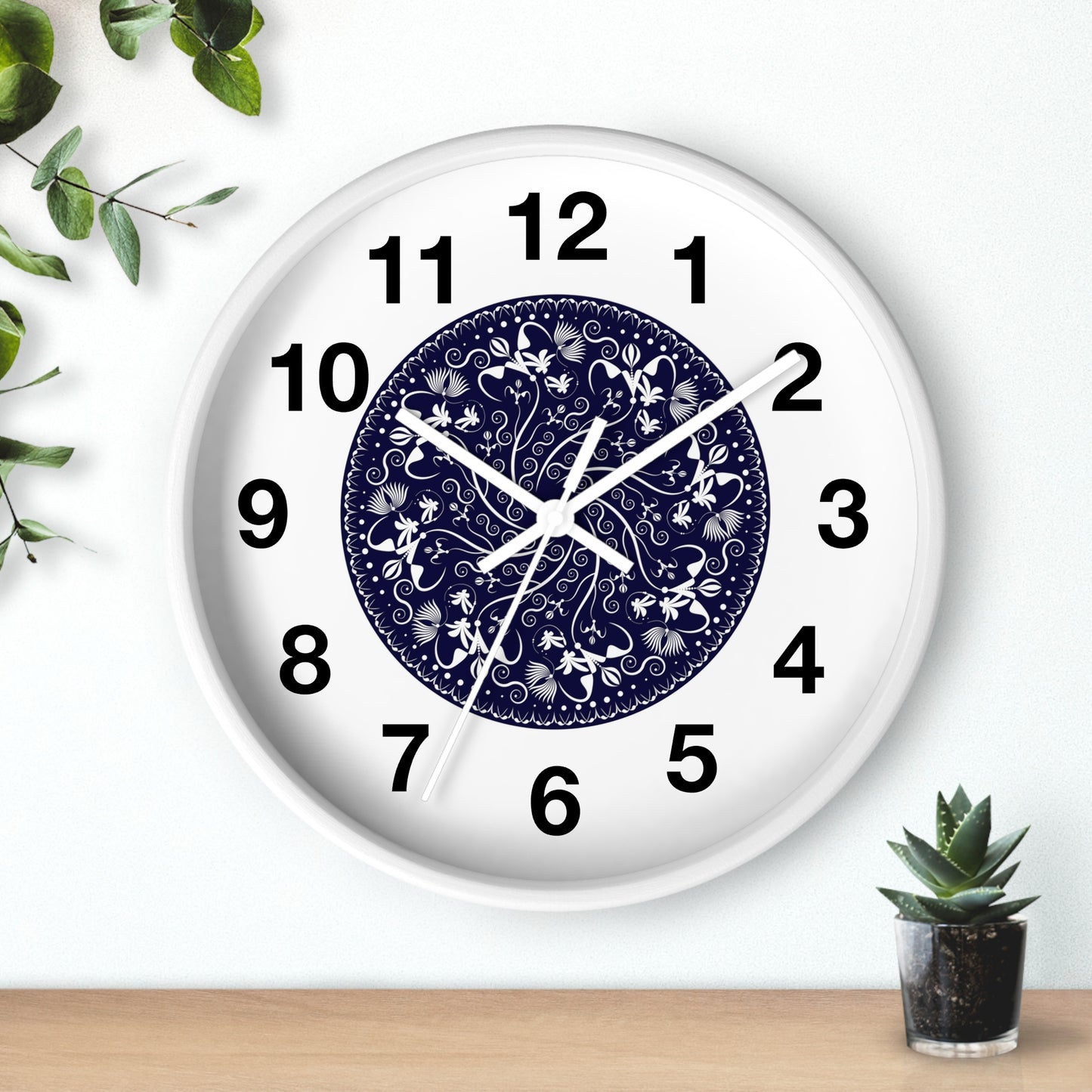 Wall Clock Kukloso Mandala No 155 White Florals on Navy - Free Shipping