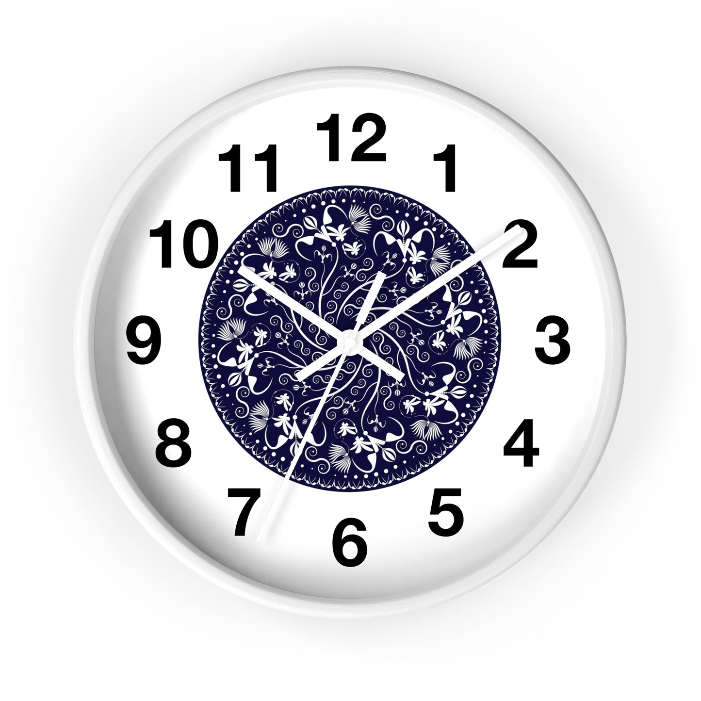 Wall Clock Kukloso Mandala No 155 White Florals on Navy - Free Shipping