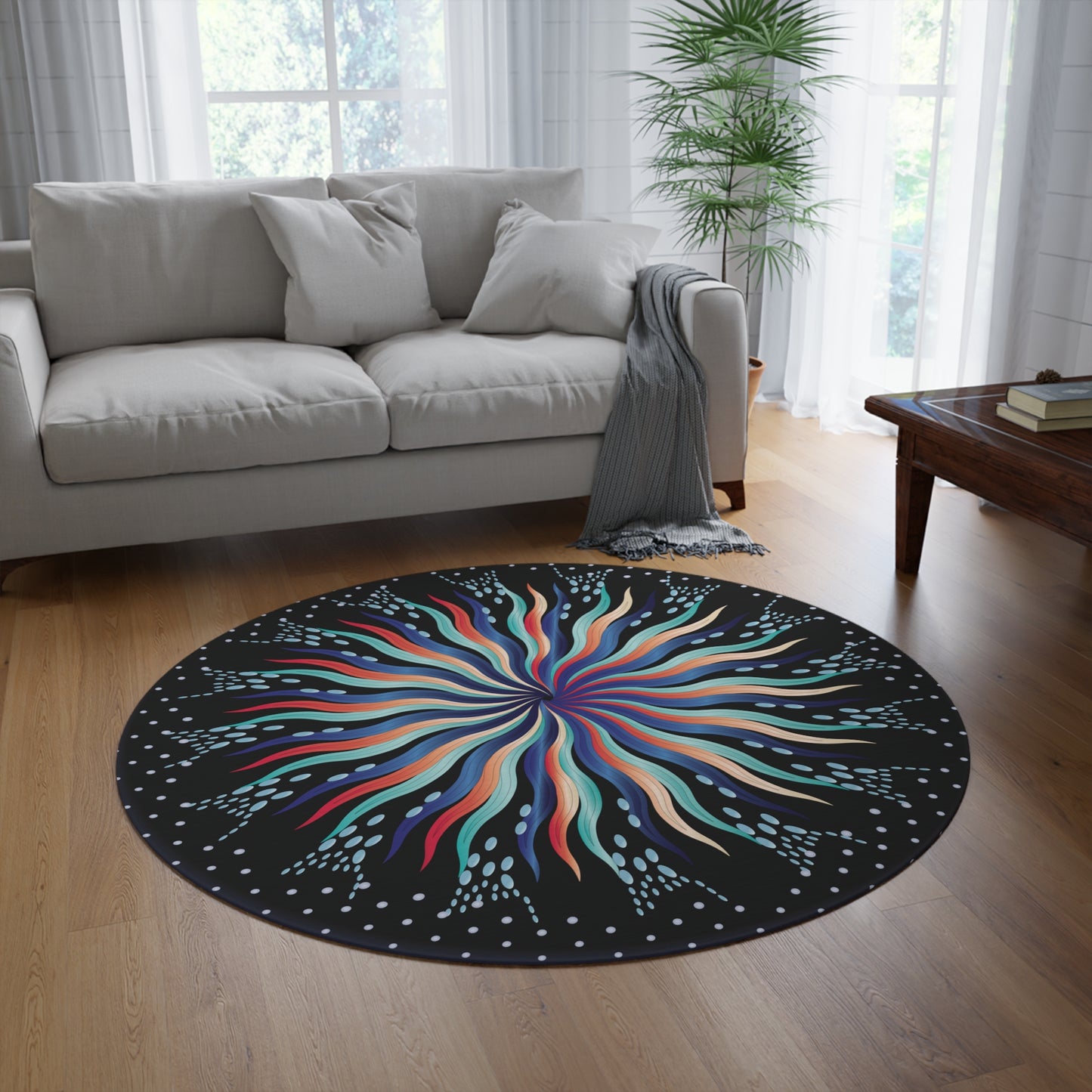 Round Rug Kukloso MD No 5 Mandala Silver, Aqua, Navy Blue Free Shipping