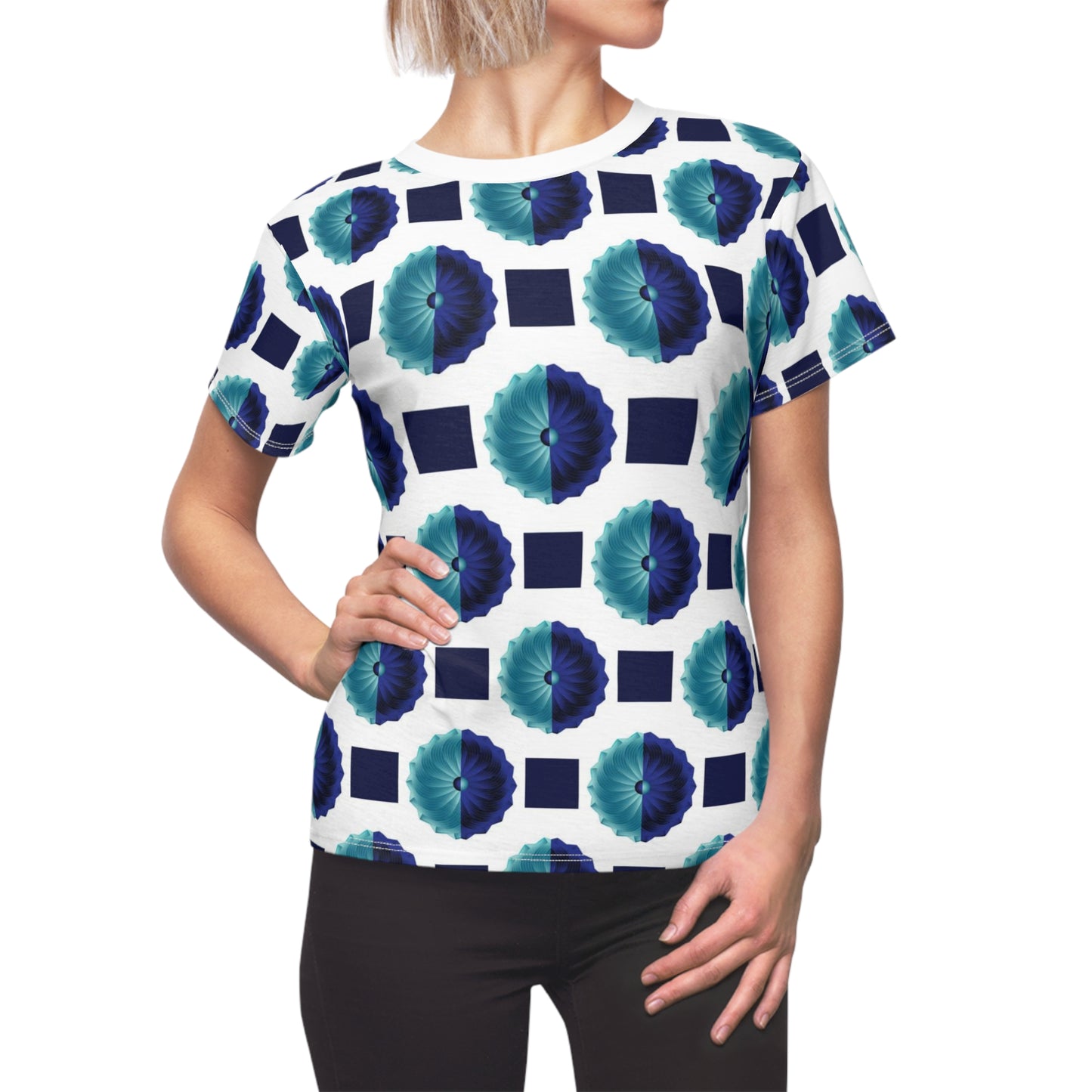 Women's Cut & Sew Tee (AOP) Kukloso AG No 29 Navy & Aqua Shapes on White - Free Shipping