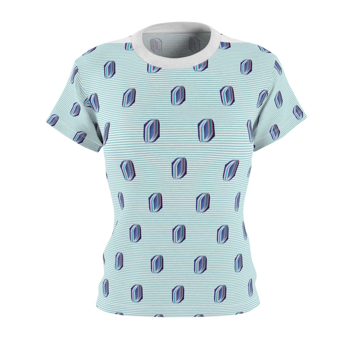 Women's Cut & Sew Tee (AOP) Kukloso Whimsical No 57 No 2 Pink & Navy Shapes on Aqua lines - Free Shipping